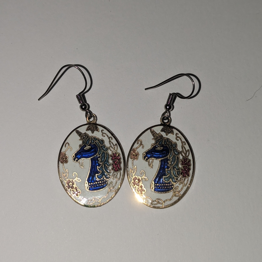 Vintage White & Blue Enamel Unicorn Goldtone Dangle Earrings